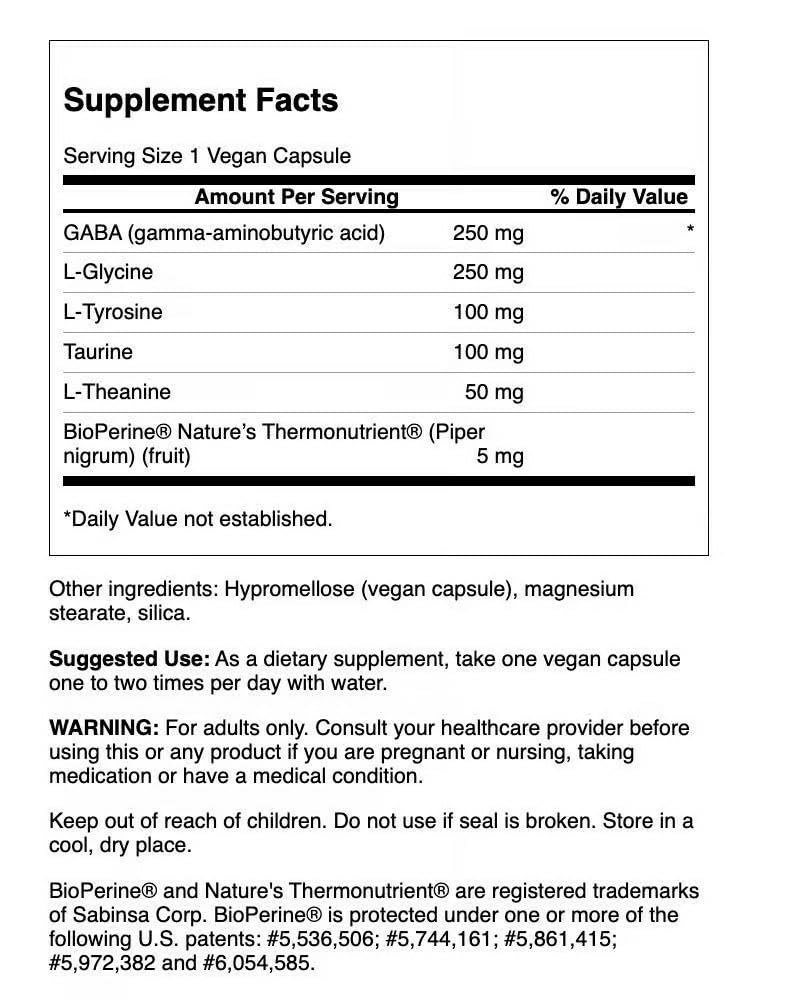Swanson Gabaplex bottle-back label showing ingredients and usage details