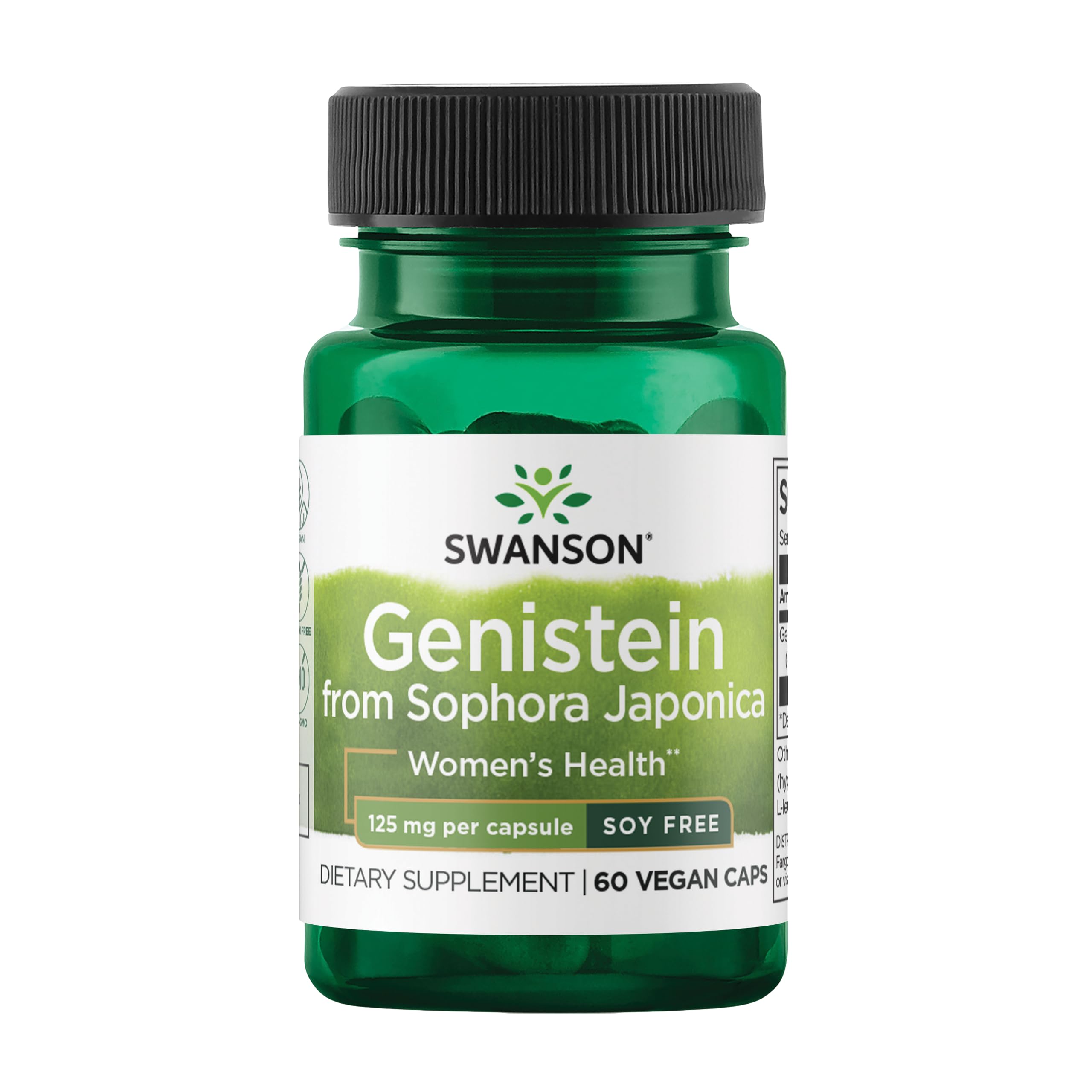 Swanson Genistein capsules in bottle; plant-based option for women's balance.