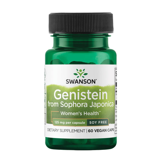 Swanson Genistein capsules in bottle; plant-based option for women's balance.