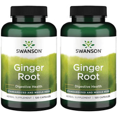 Swanson Ginger Root bottle with standardized extract offers digestive comfort and whole herb benefits.