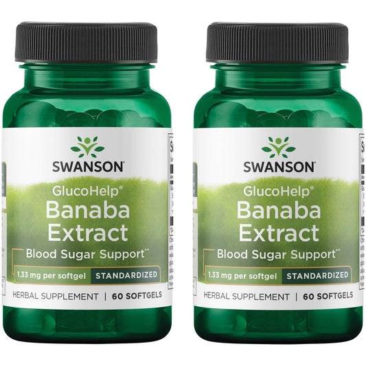 Swanson GlucoHelp Banaba Extract bottle and capsules for energy metabolism support
