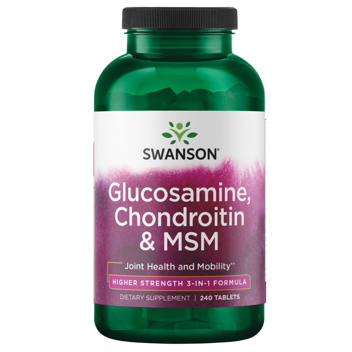 Swanson Glucosamine Chondroitin MSM bottle highlights joint support and mobility.