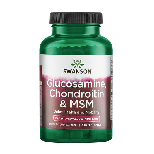 Swanson Glucosamine Chondroitin MSM bottle with clean label indicating joint health support