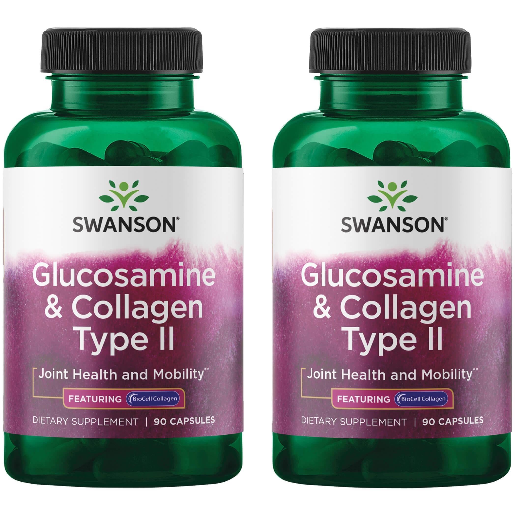 Swanson Glucosamine & Collagen Type II BioCell bottle supporting joint mobility and skin elasticity.