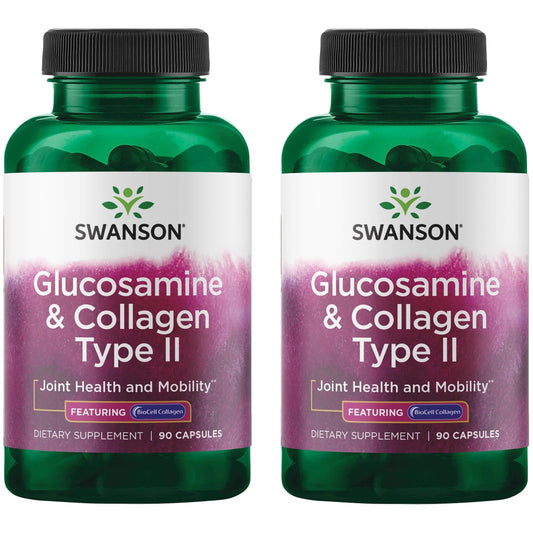 Swanson Glucosamine & Collagen Type II BioCell bottle supporting joint mobility and skin elasticity.