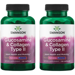 Swanson Glucosamine & Collagen Type II BioCell bottle supporting joint mobility and skin elasticity.