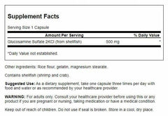Swanson Glucosamine Sulfate 2KCl 500 mg bottle back highlights quality and science-backed formula.