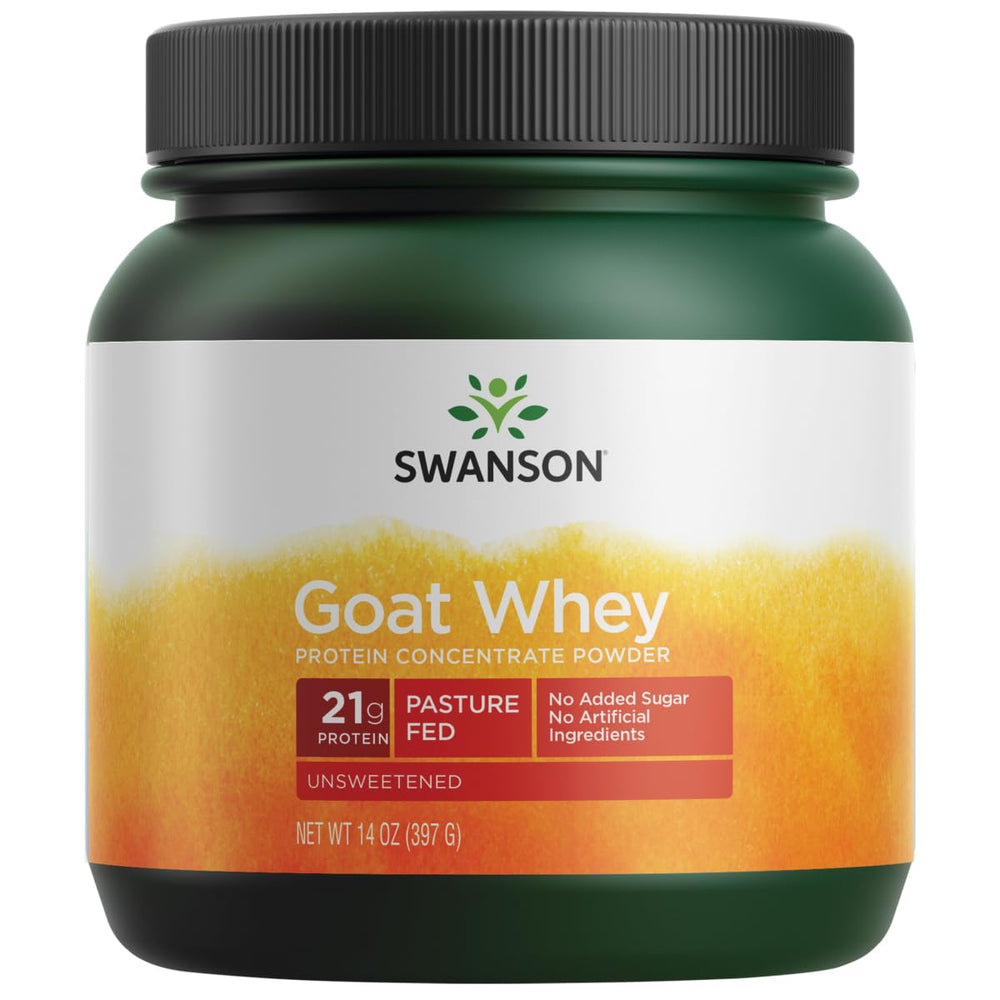 Swanson goat whey protein concentrate bottle highlighting protein power and energy support