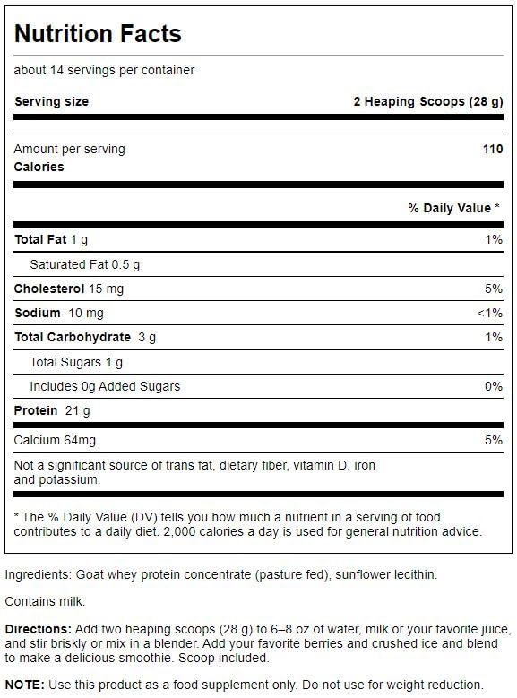 Swanson goat whey protein concentrate ingredients label highlights amino acids and quality