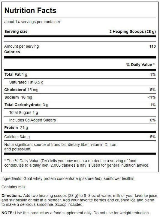 Swanson goat whey protein concentrate ingredients label highlights amino acids and quality