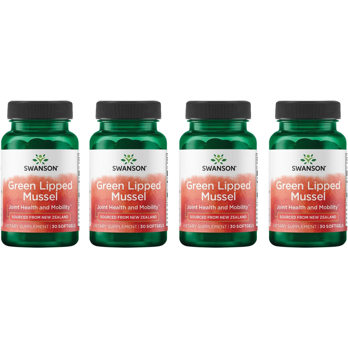 Swanson Green Lipped Mussel Oil bottle with four-pack for joint comfort and daily mobility.