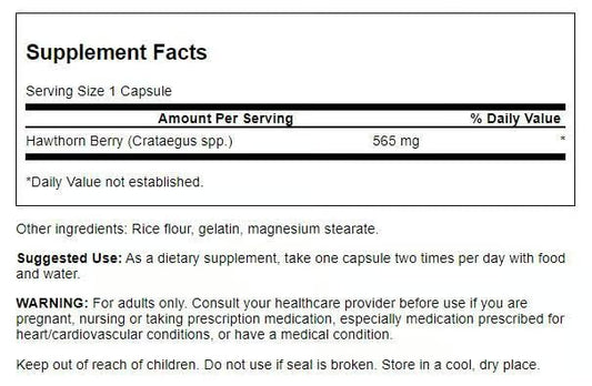 Close-up of Swanson hawthorn berry capsules highlighting antioxidant flavonoids for daily wellness