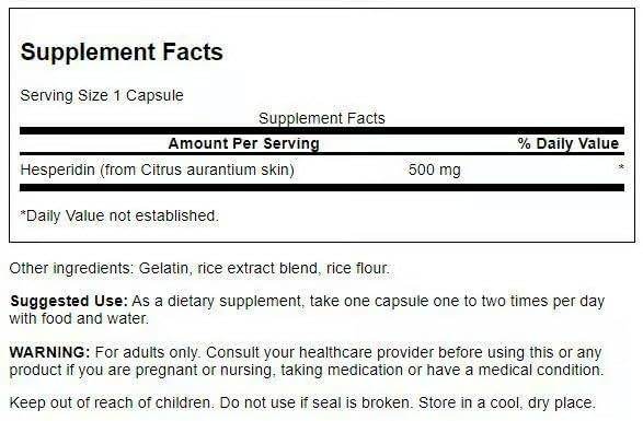 Swanson Hesperidin capsules close-up showing easy daily intake for recovery.