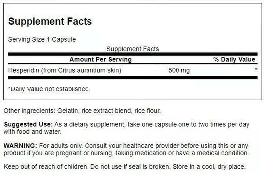 Swanson Hesperidin capsules close-up showing easy daily intake for recovery.
