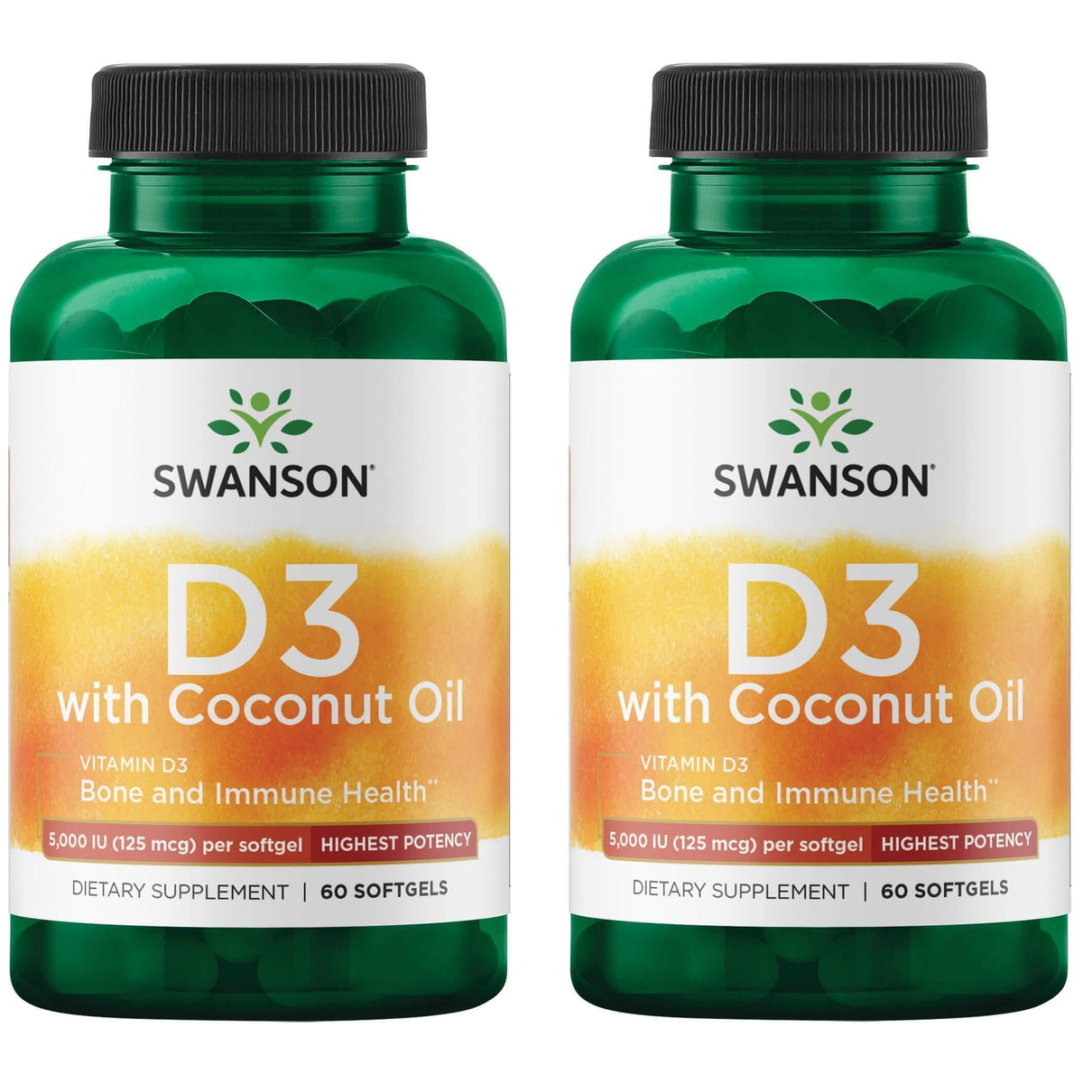 Swanson high-potency vitamin D-3 coconut softgel bottle for daily bone support