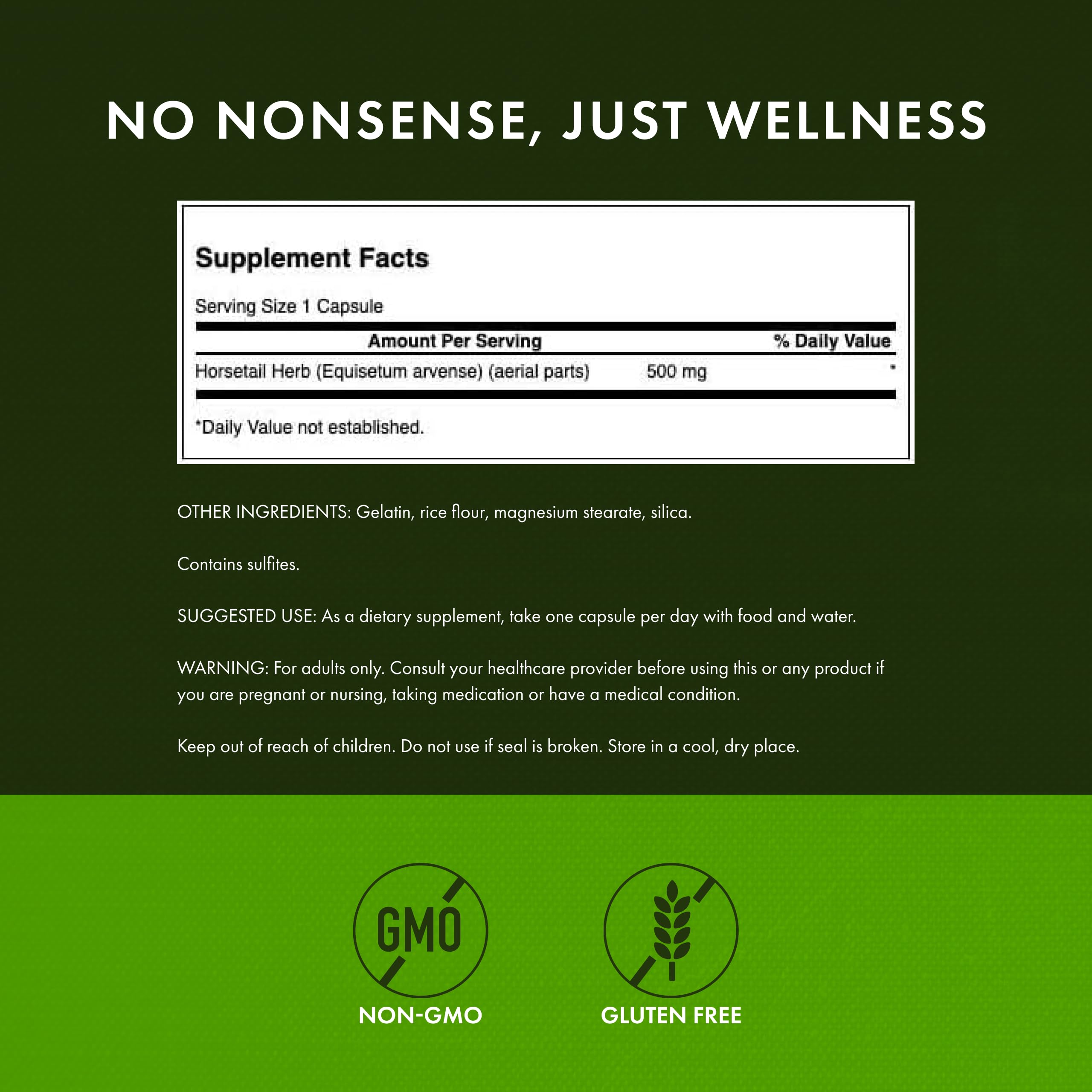 Swanson Horsetail label close-up emphasizing herbal ingredients for hair health