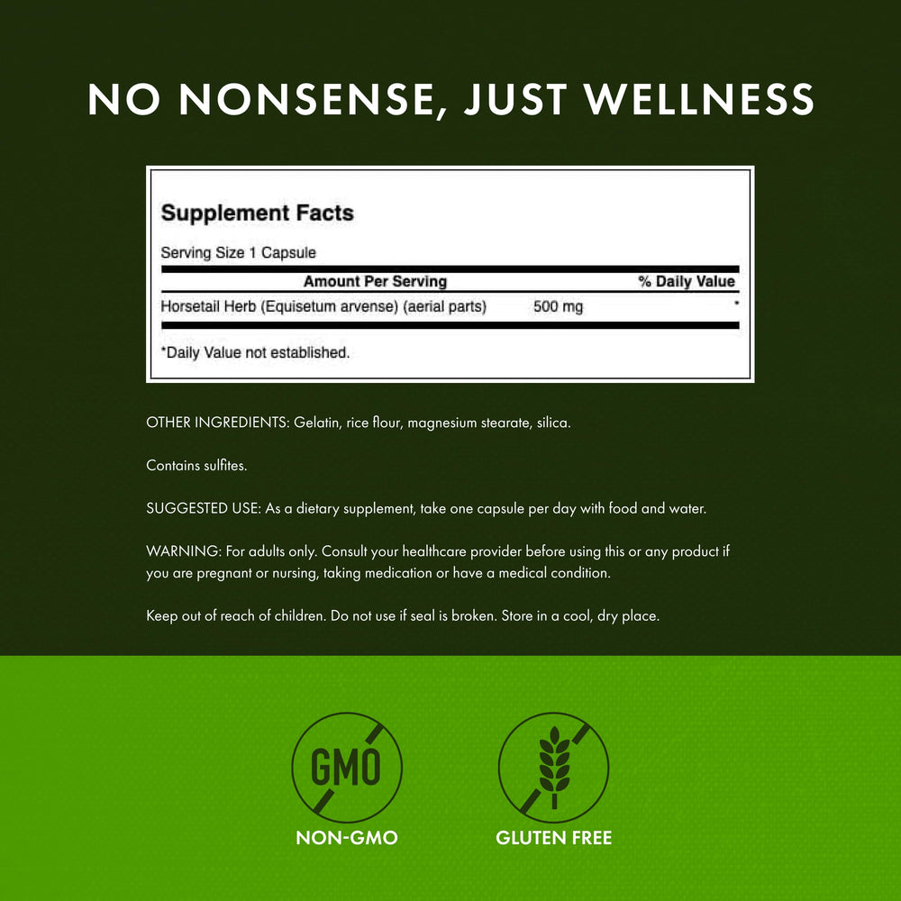 Swanson Horsetail label close-up emphasizing herbal ingredients for hair health
