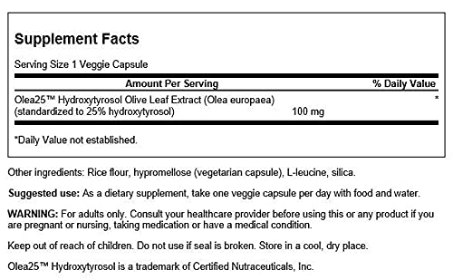 Swanson HRB Olive Leaf Extract bottle back label notes Olea25 25% hydroxytyrosol
