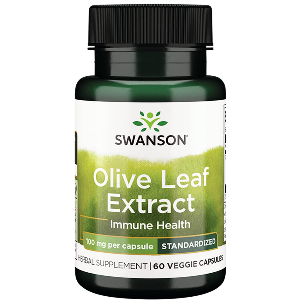 Swanson Olive Leaf Extract bottle front shows 100 mg dosage for daily support