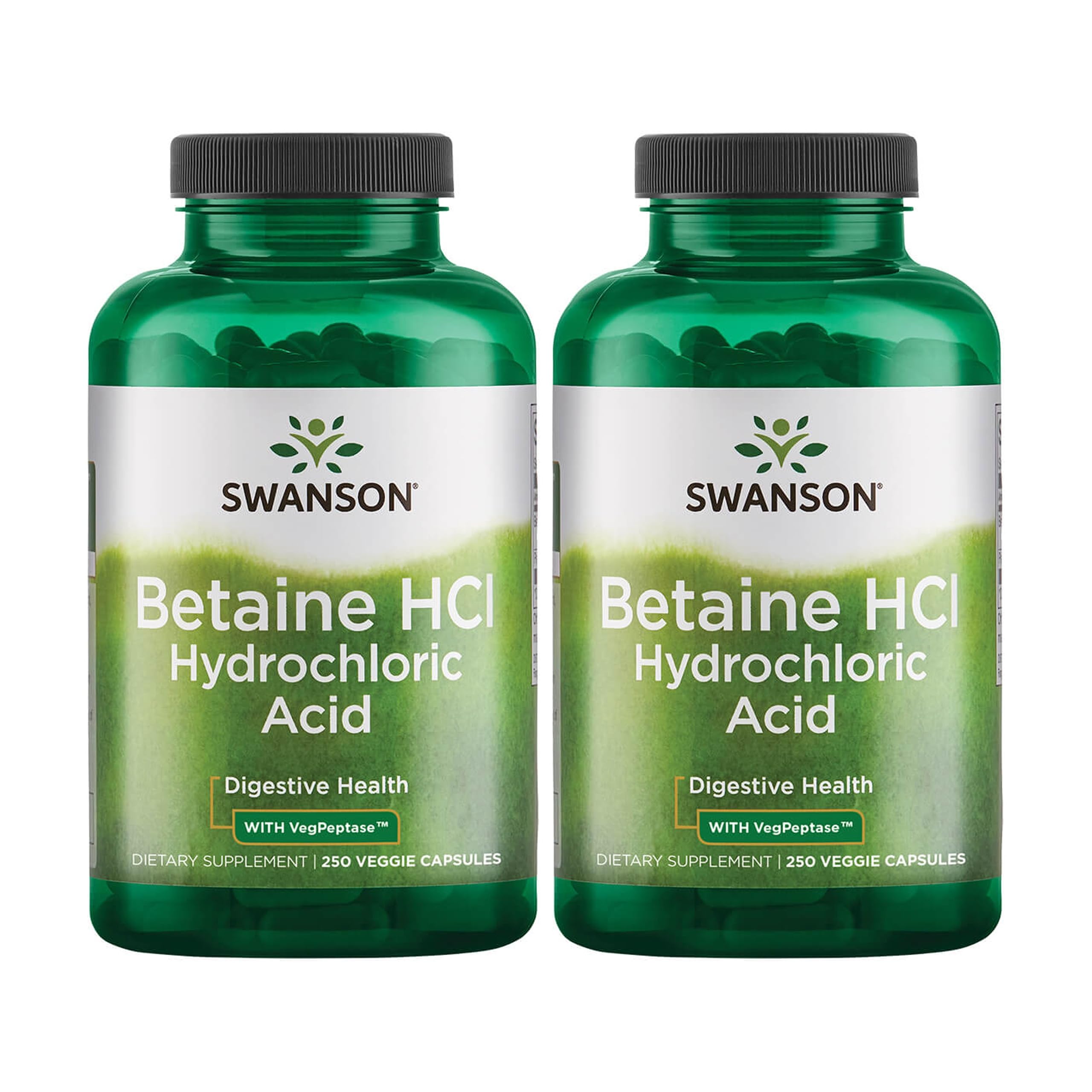 Swanson hydrochloric acid with pepsin 250 capsules bottle aids protein digestion.