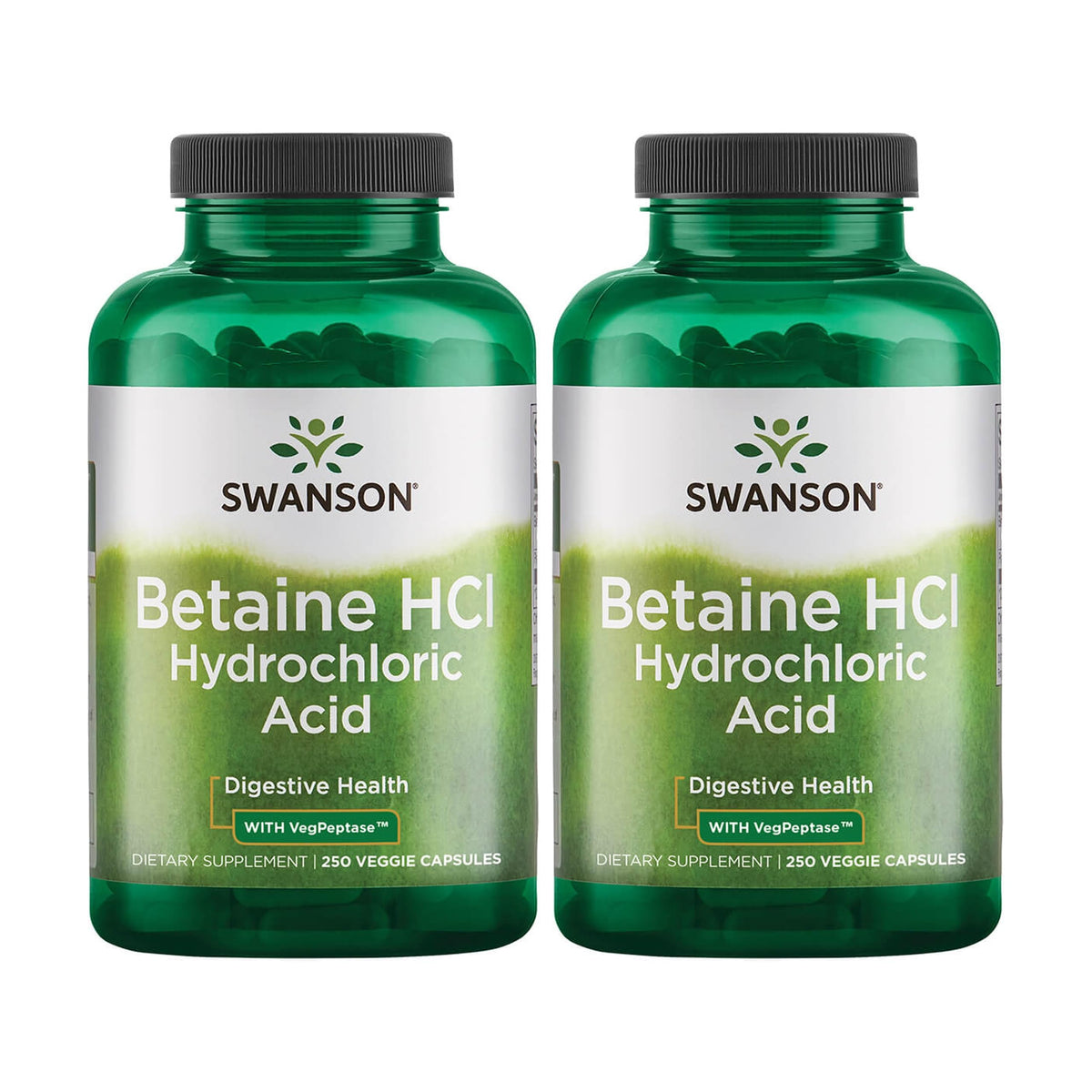 Swanson hydrochloric acid with pepsin 250 capsules bottle aids protein digestion.