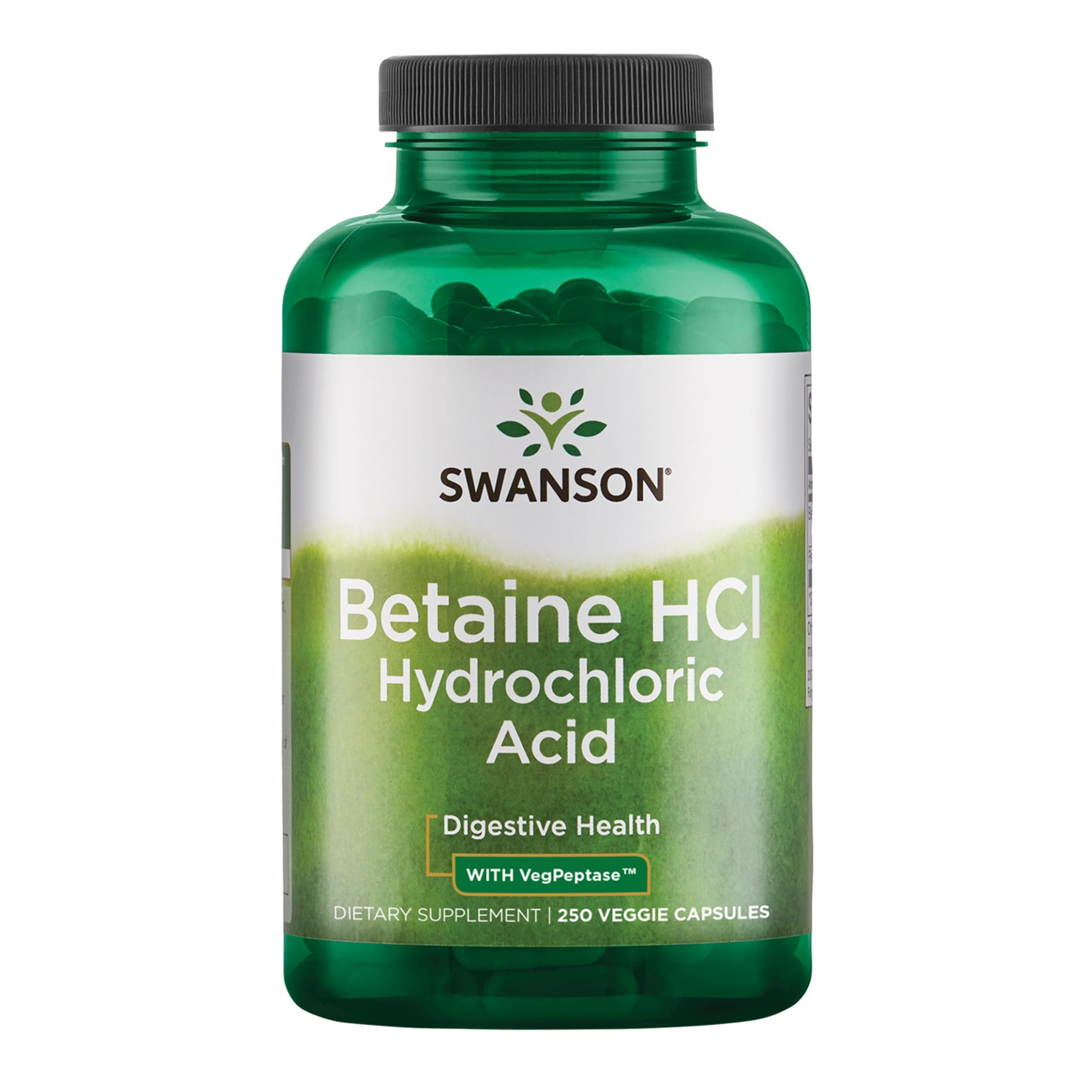 Swanson hydrochloric acid with pepsin bottle for daily digestive support.