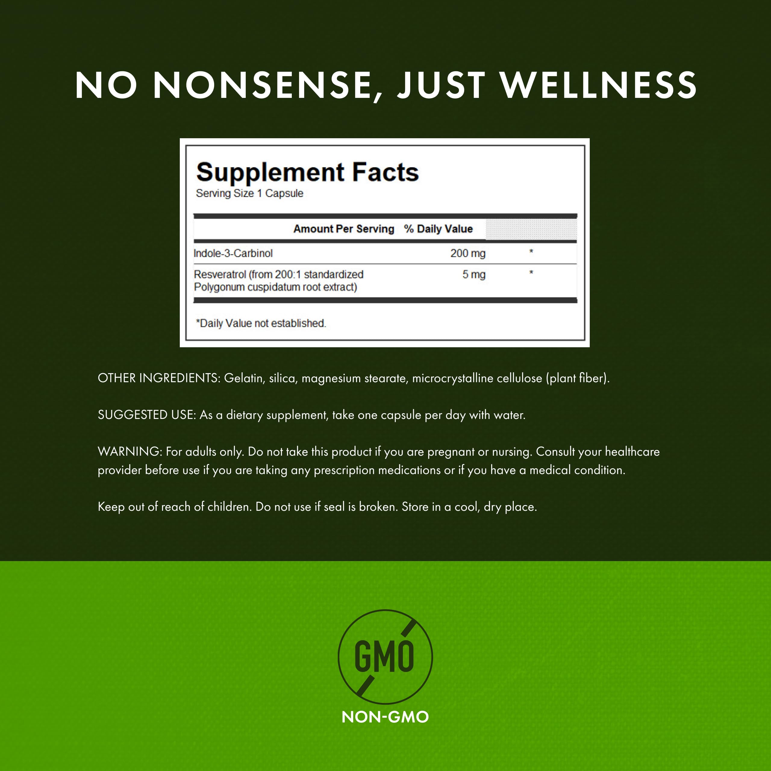 Swanson Indole-3-Carbinol with Resveratrol label highlights product details for informed choices.