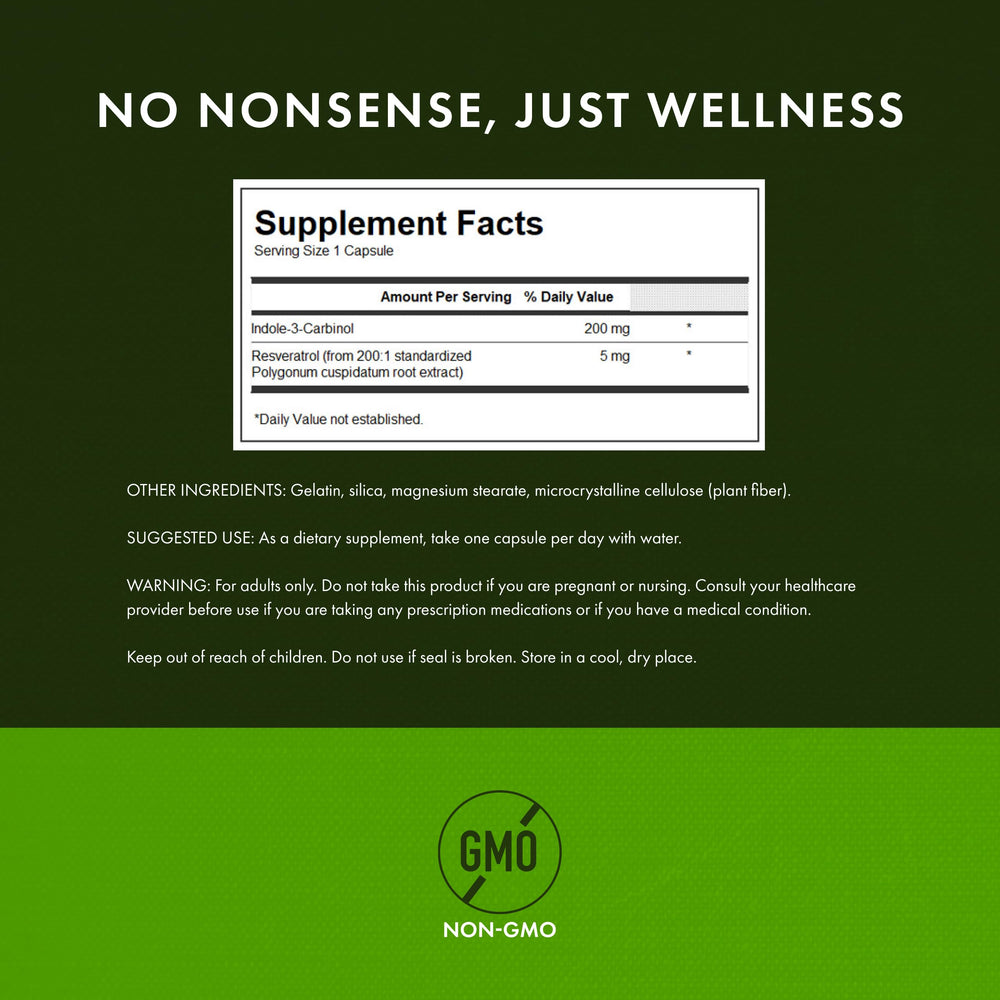 Swanson Indole-3-Carbinol with Resveratrol label highlights product details for informed choices.