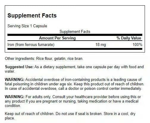 Swanson Iron bottle with pills, visual focus on oxygen delivery support.