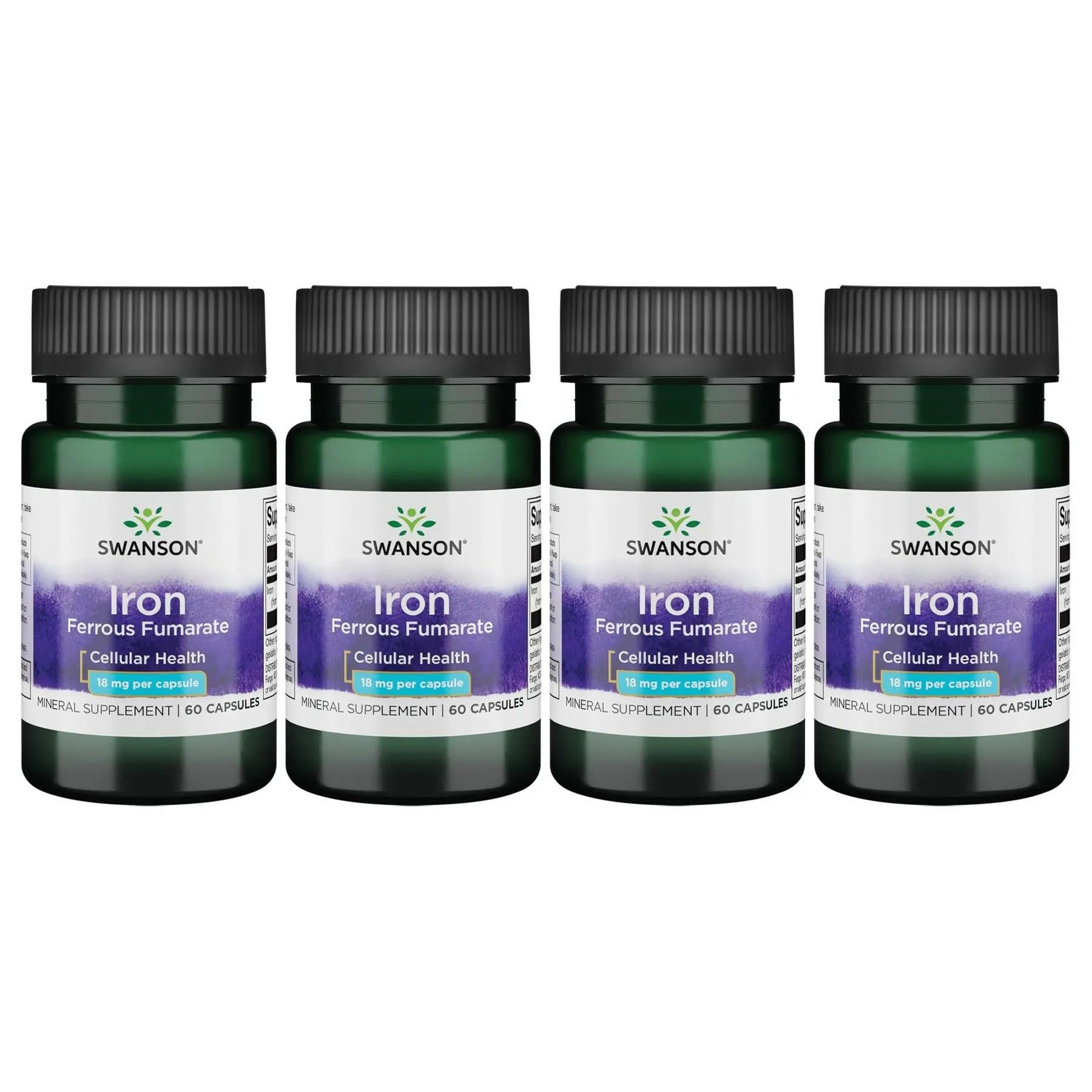 Swanson Iron ferrous fumarate capsule close-up, suggesting energy support and cellular health potential.