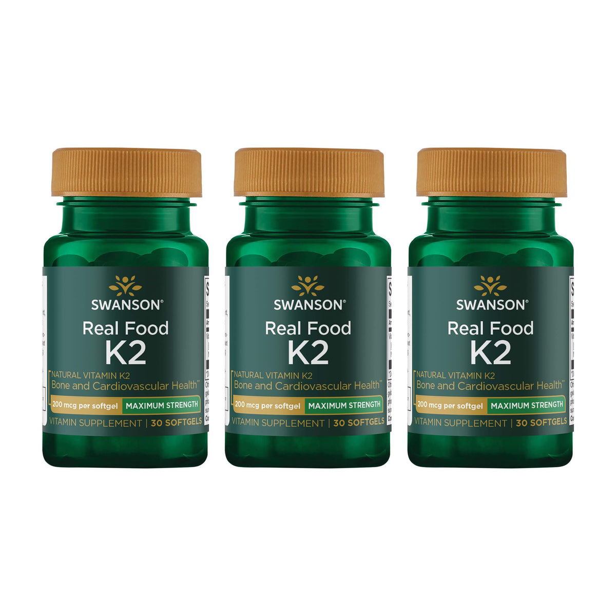 Swanson K2 softgels bottle showing calcium regulation support for bones and heart health