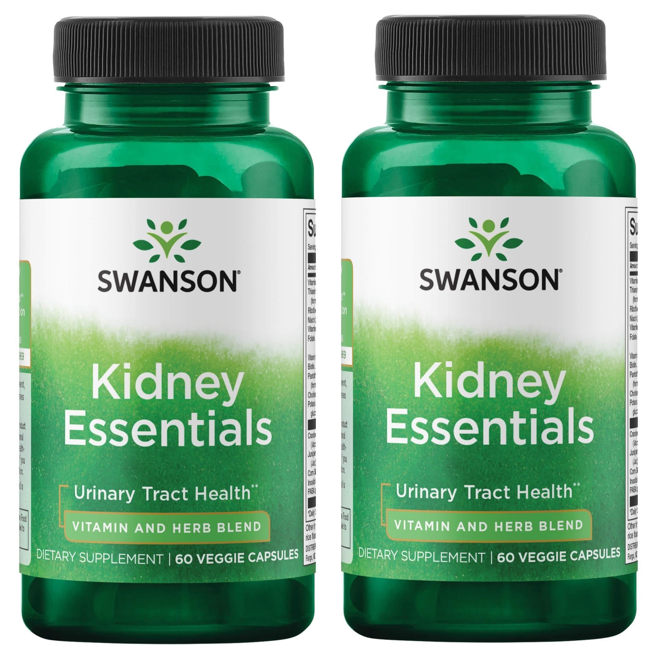 Swanson Kidney Essentials bottle with capsules; supports urinary health and fluid balance.