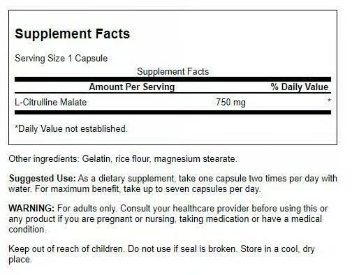Swanson L-Citrulline Malate capsules close-up with 750 mg per capsule.