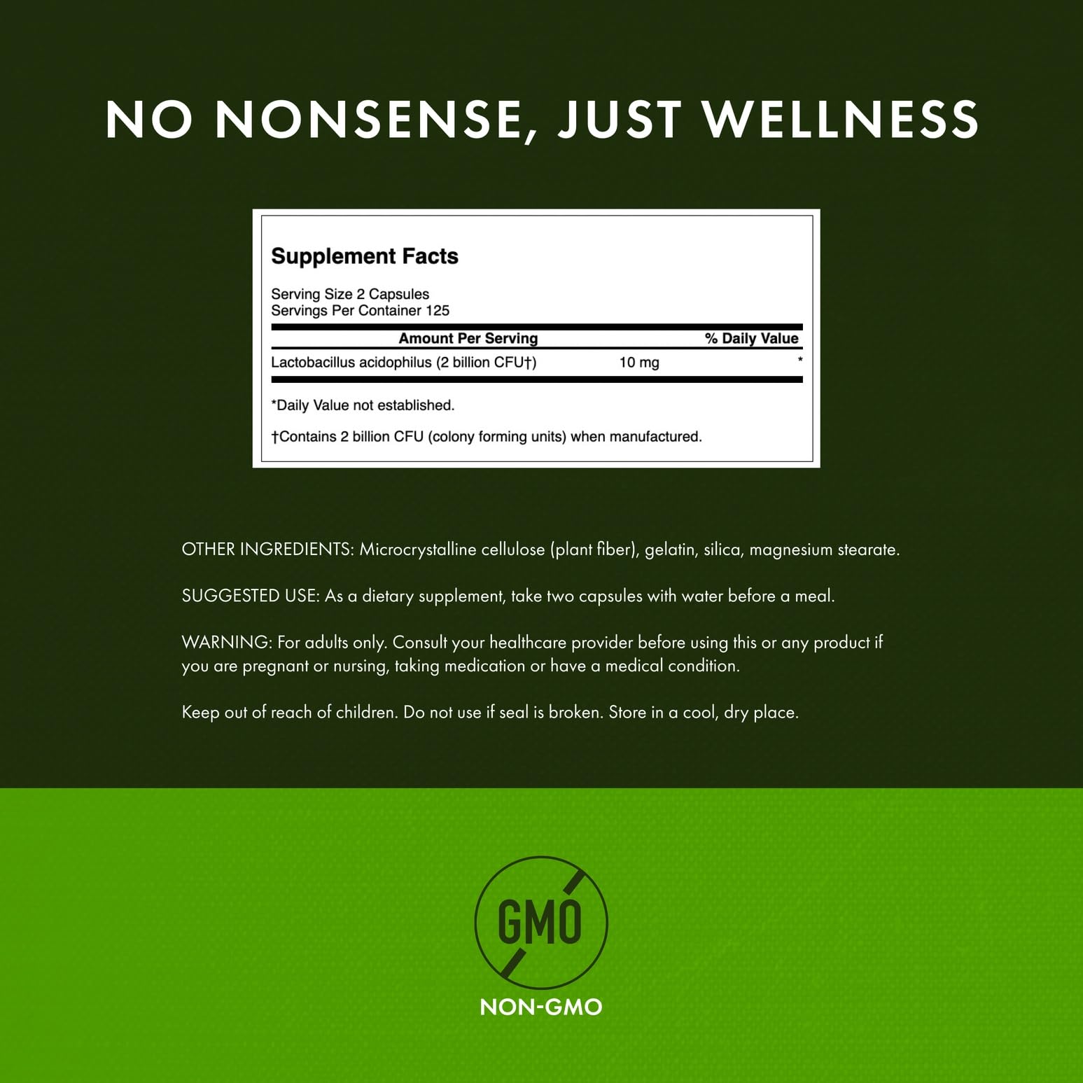 Swanson Lactobacillus Acidophilus label details indicating non-GMO and quality.