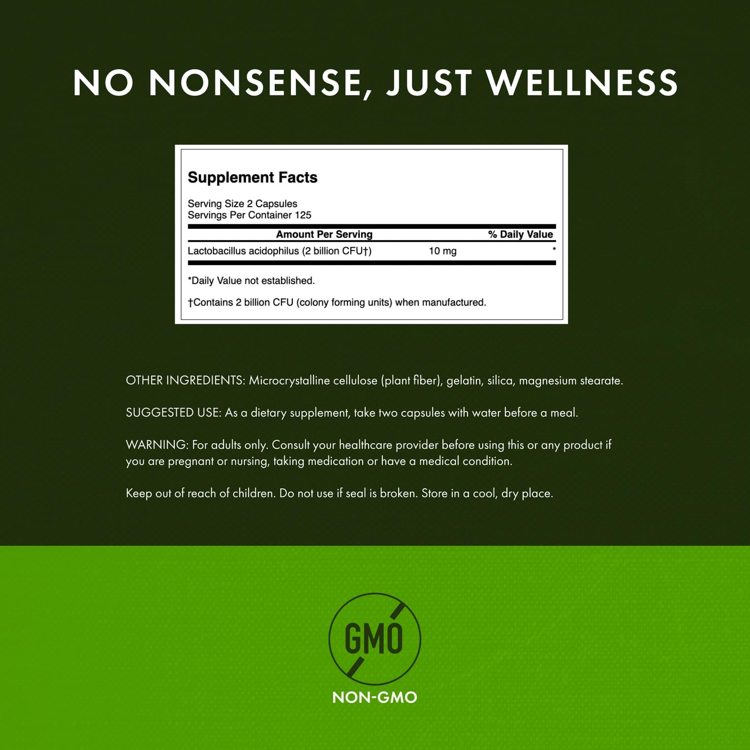 Swanson Lactobacillus Acidophilus packaging box highlights non-GMO probiotic formula.