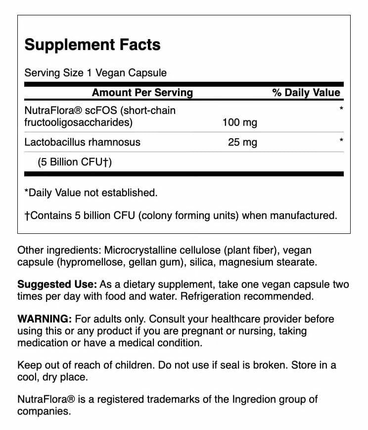 Swanson Lactobacillus Rhamnosus capsules shown for gut health on the go.