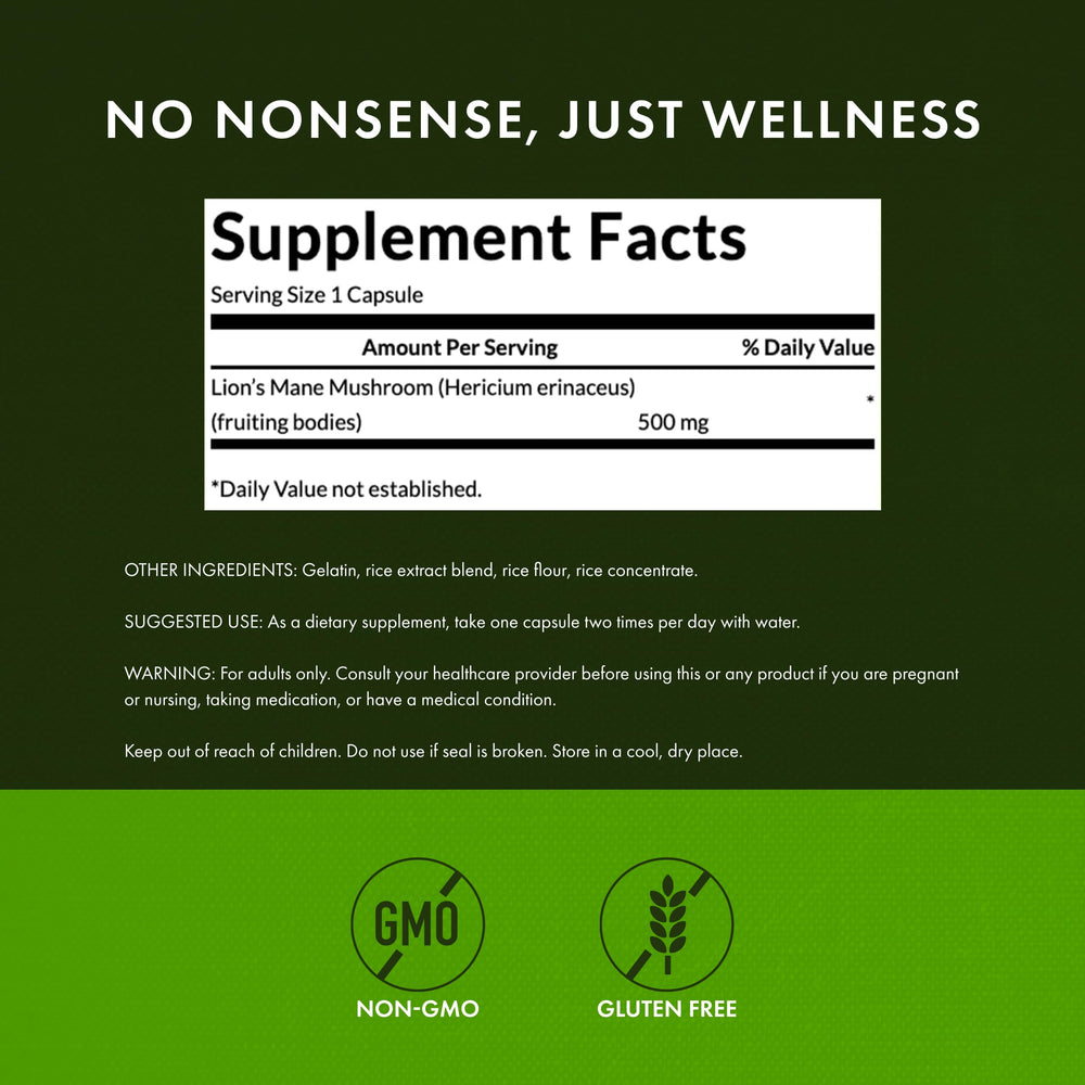 Swanson Lion's Mane label close-up showing gluten-free and non-GMO features.
