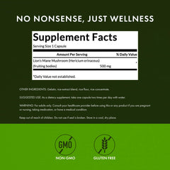 Swanson Lion's Mane label close-up showing gluten-free and non-GMO features.