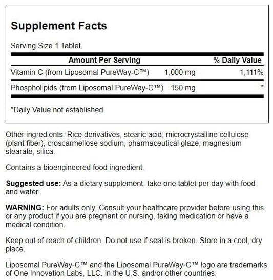 Swanson Liposomal Vitamin C 60 tabs closeup highlighting compact bottle for on the go routines