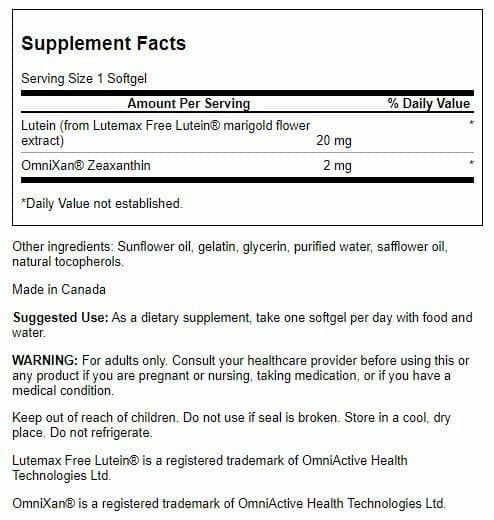 Closeup of Swanson capsules showing eye nutrition for retina support.