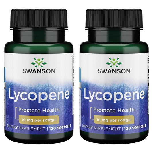 Swanson Lycopene 10 mg 120 sgels two-pack bottle highlighting antioxidant support and prostate wellness