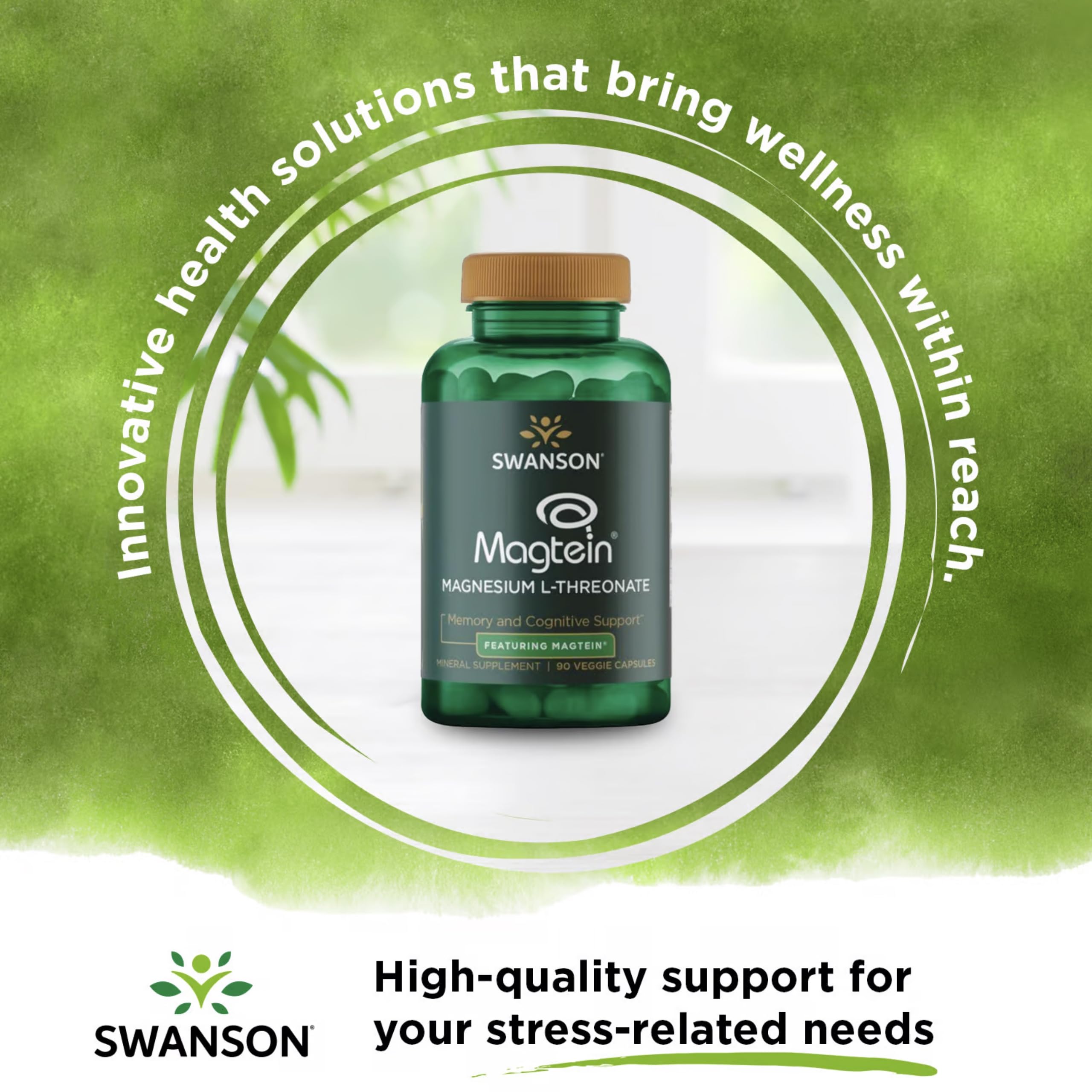 Swanson Magnesium L-Threonate capsules closeup shows soft veggie capsules for daily use.