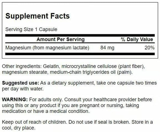 Swanson Magnesium Lactate bottle label close-up highlighting magnesium per capsule