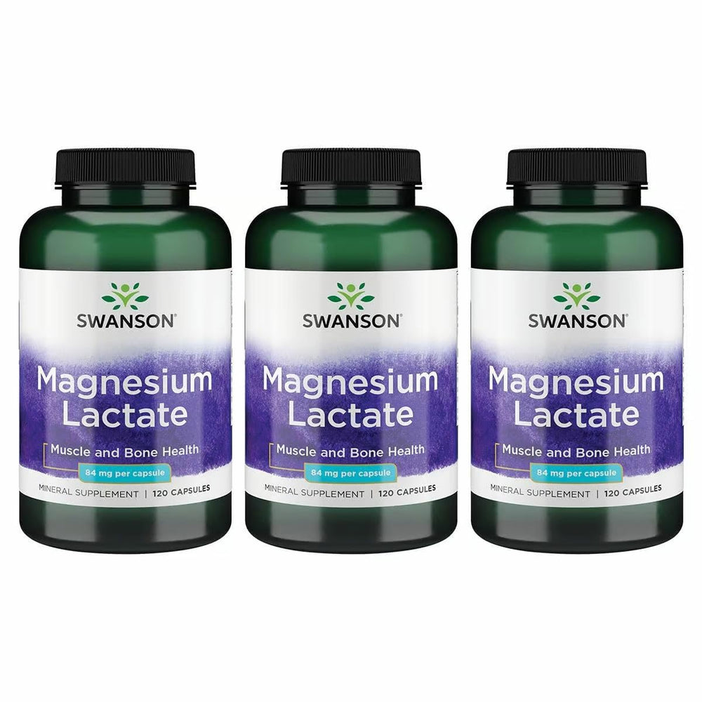 Swanson Magnesium Lactate bottle shows 84 mg magnesium per capsule for daily support.
