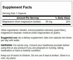 Swanson Magnesium Lactate capsules closeup, lactose-free mineral absorption