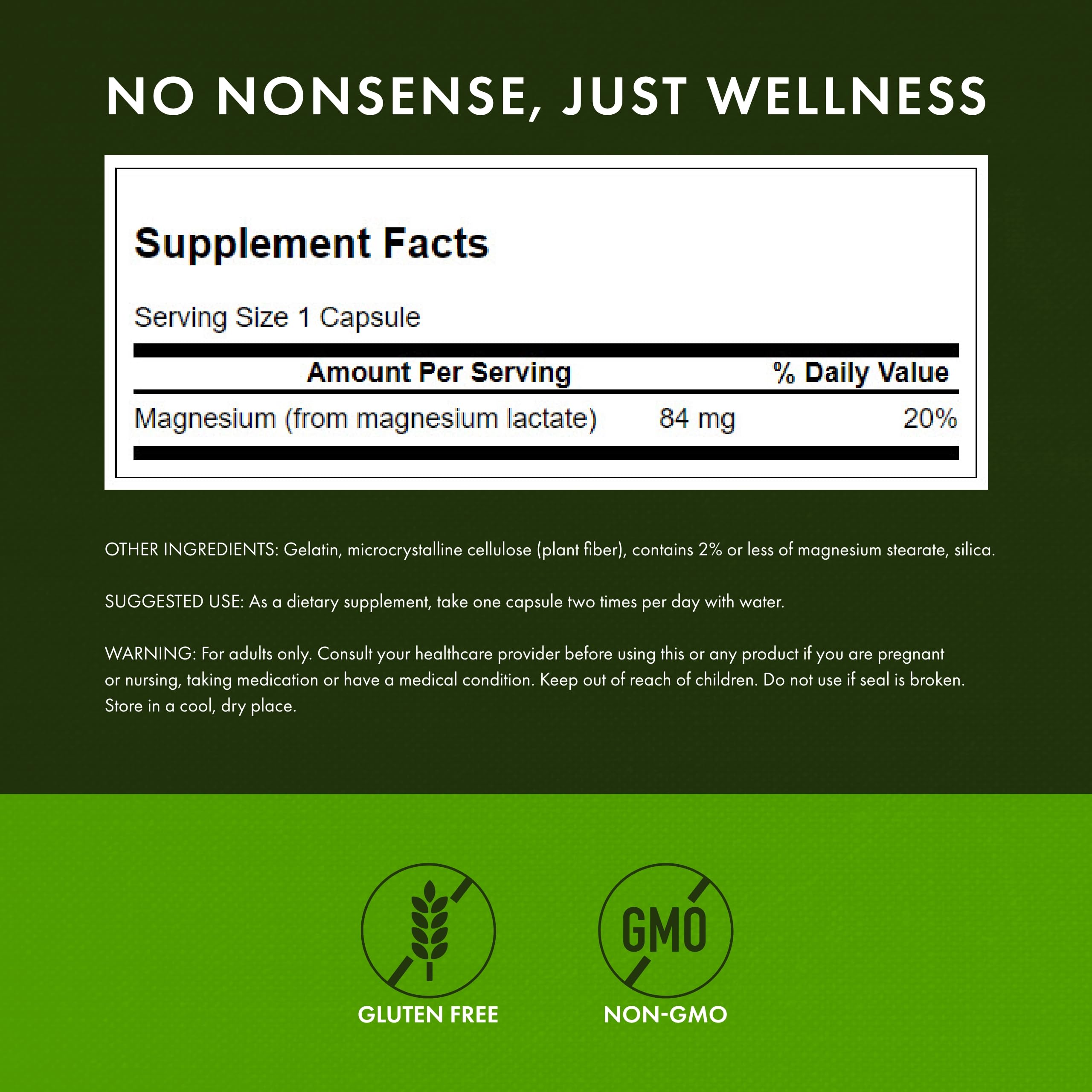 Swanson Magnesium Lactate label view, non-GMO and gluten-free formulation