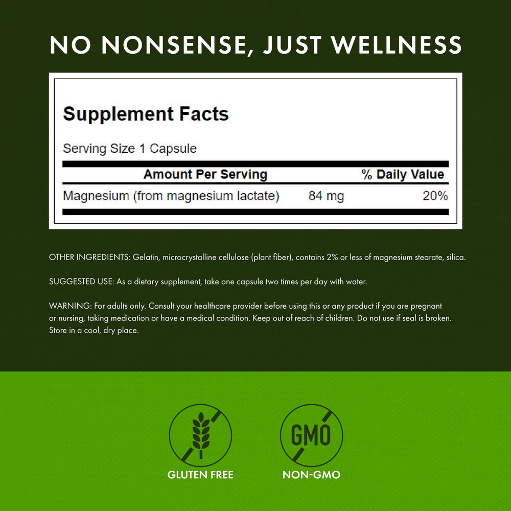Swanson Magnesium Lactate label view, non-GMO and gluten-free formulation