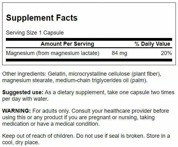 Swanson Magnesium Lactate label emphasizes lactose-free formula gentle on sensitive stomachs.