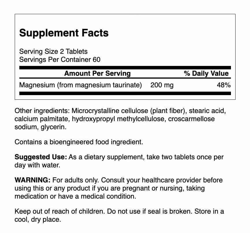 Swanson Magnesium Taurate bottle pour illustrating easy two-tablet daily dosing.