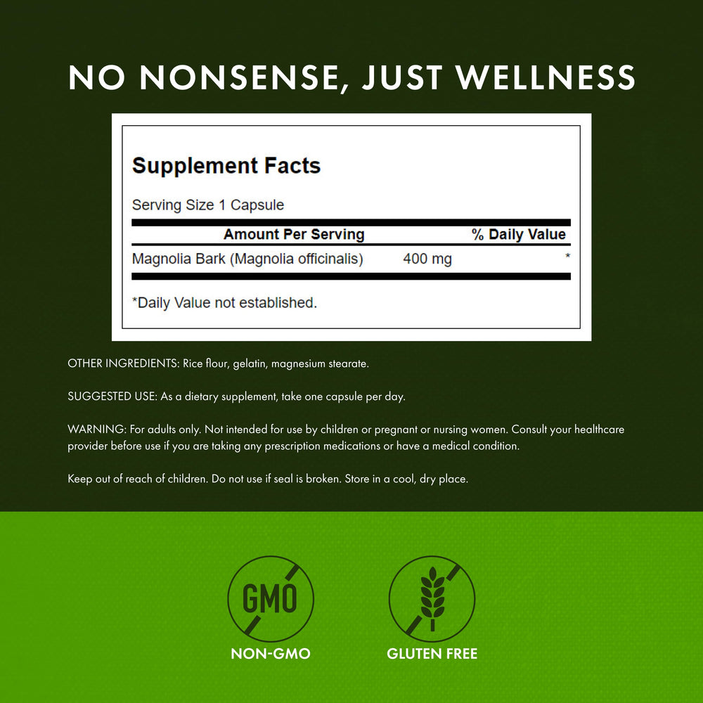 Swanson Magnolia Bark capsule close-up highlighting easy ingestion and nervous system support.